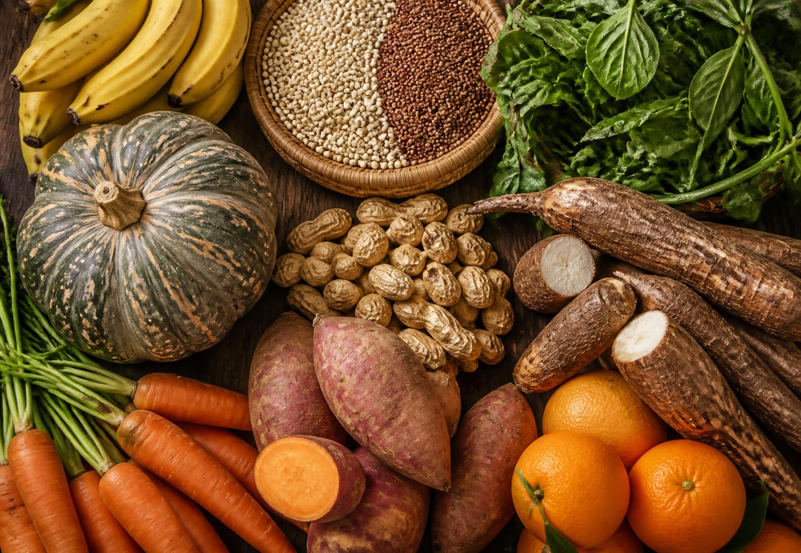 A diverse spread of Kenyan farm foods — sweet potatoes, cassava, bananas, groundnuts, leafy greens, carrots, oranges and sorghum