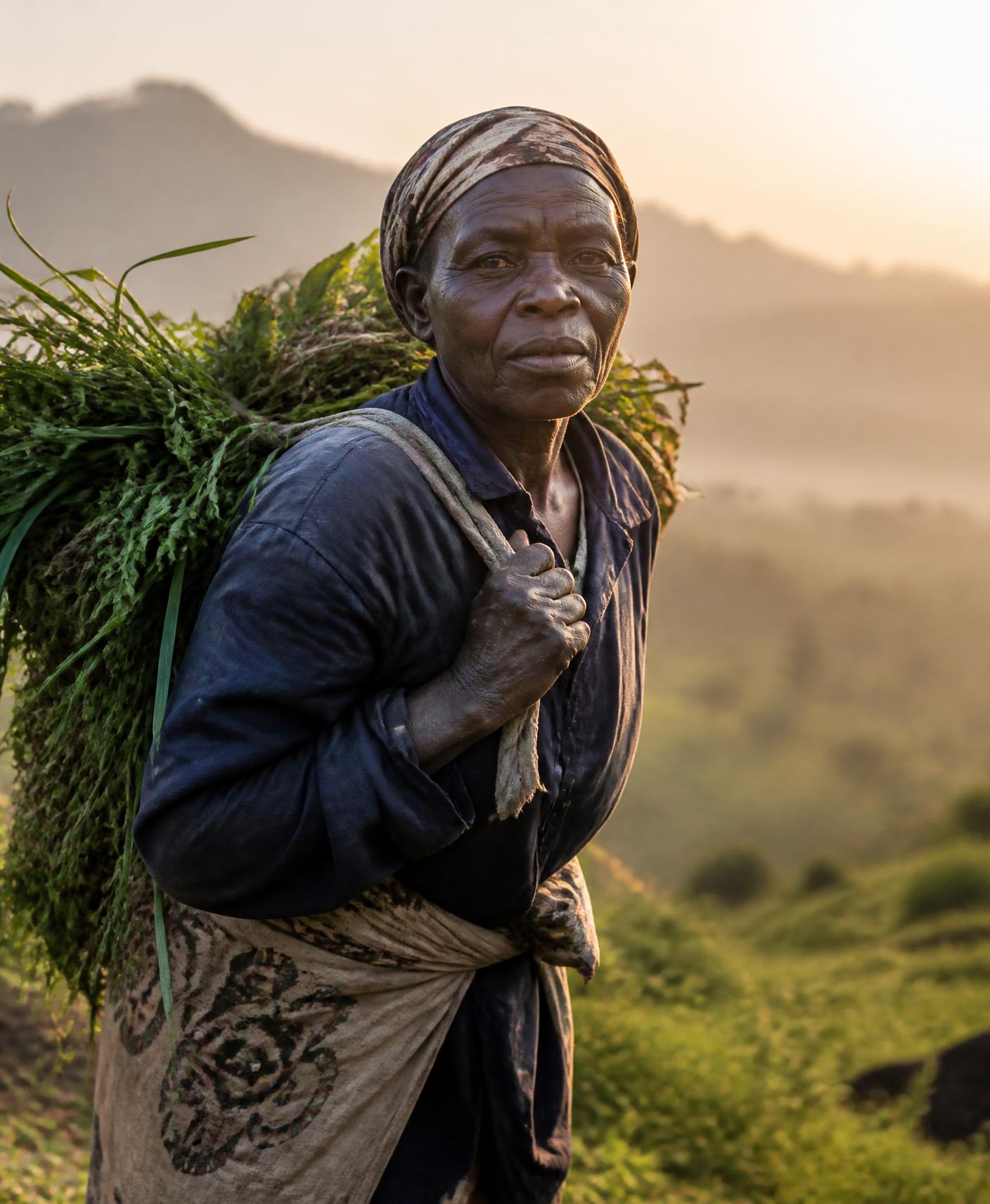 Portrait of a Kenyan woman farmer at dawn carrying fodder, with misty hills behind her